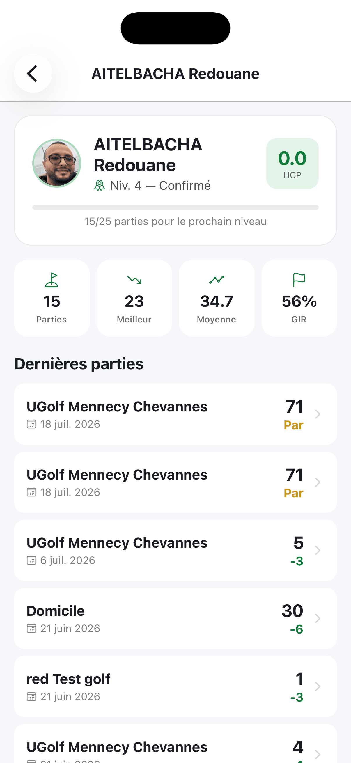 Ecran des statistiques et du handicap de SwingTee